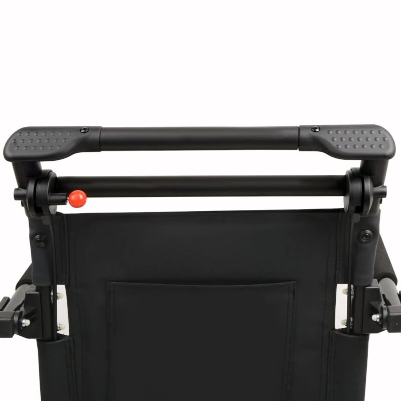 Back view of black folding travel wheelchair with ergonomic handles.