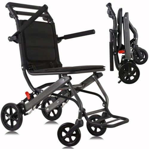 Black aluminium folding travel wheelchair, shown unfolded and folded.