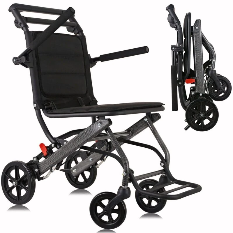 Black aluminium folding travel wheelchair, shown unfolded and folded.