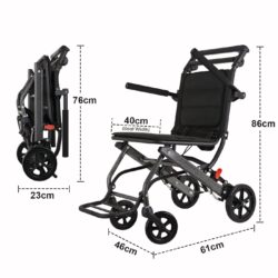 Folded and open aluminium travel wheelchair with dimensions.
