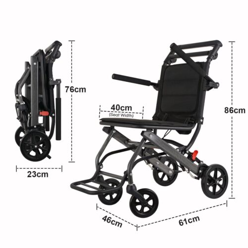 Folded and open aluminium travel wheelchair with dimensions.