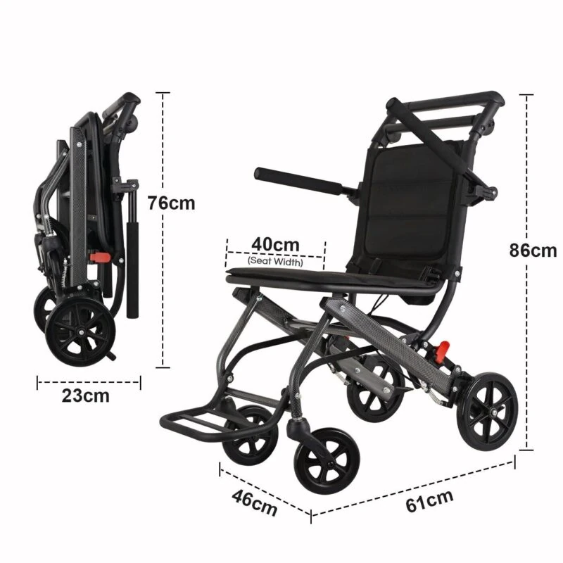 Folded and open aluminium travel wheelchair with dimensions.