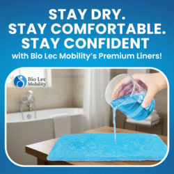 Hand pouring blue liquid onto a blue absorption pad on a table.
