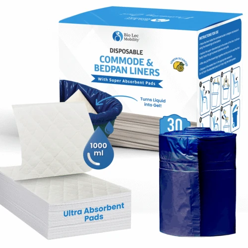 Packaging of Bio Lec Mobility disposable commode and bedpan liners with pads.