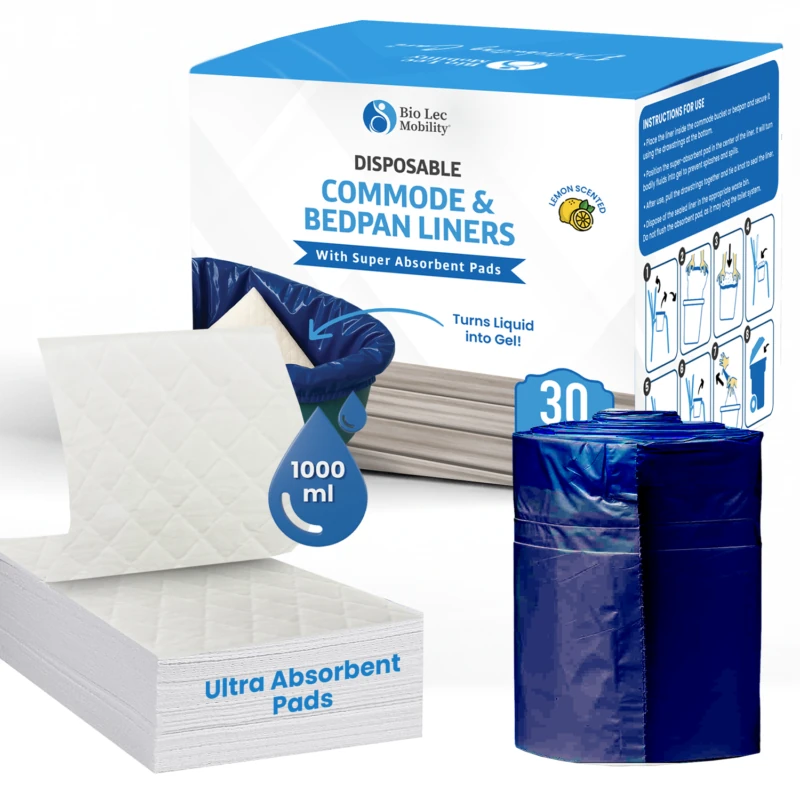 Packaging of Bio Lec Mobility disposable commode and bedpan liners with pads.