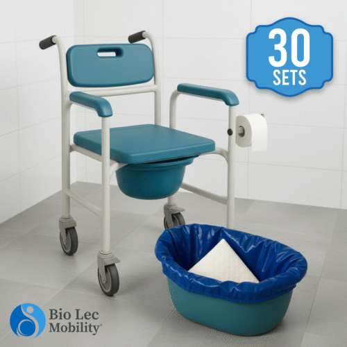 Commode chair with a blue liner and absorbent pad, labeled 30 sets.