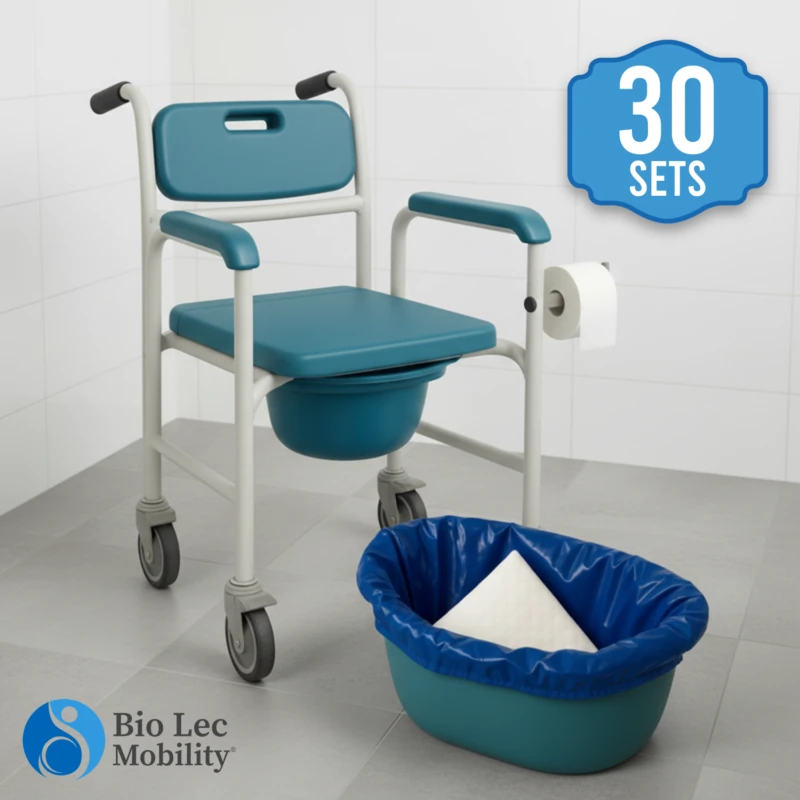 Commode chair with a blue liner and absorbent pad, labeled 30 sets.