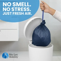 Hand placing a tied blue bag into a white bin with text 'NO SMELL. NO STRESS. JUST FRESH AIR.'
