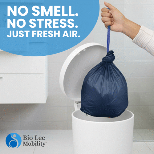 Hand placing a tied blue bag into a white bin with text 'NO SMELL. NO STRESS. JUST FRESH AIR.'