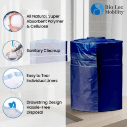 Commode liners with absorbent pads and features listed.