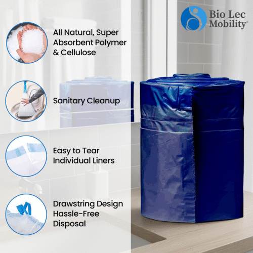 Commode liners with absorbent pads and features listed.
