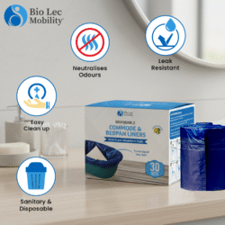 Box of Bio Lec Mobility commode liners with absorbent pads on a bathroom counter.