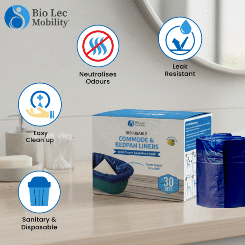 Box of Bio Lec Mobility commode liners with absorbent pads on a bathroom counter.