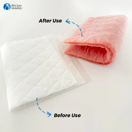 White and pink commode liners labeled before and after use.