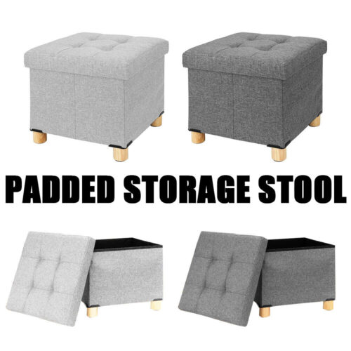 Two padded storage stools in light and dark grey with removable lids.