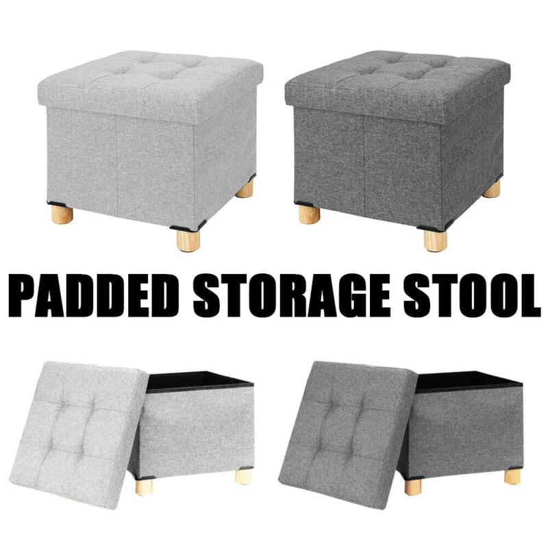 Two padded storage stools in light and dark grey with removable lids.