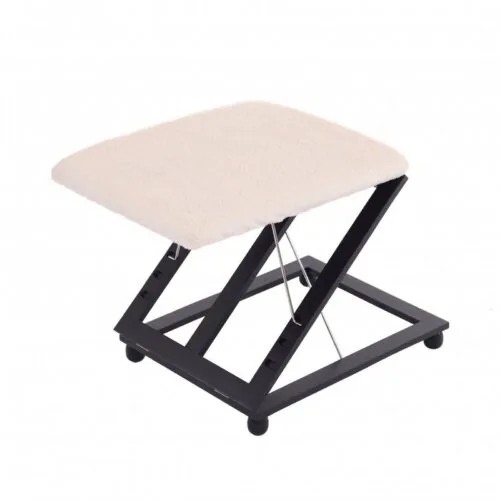 Collapsible foot stool with padded wool-effect top and black frame.