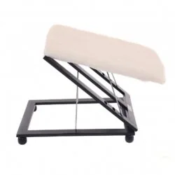 Side view of a collapsible foot stool with a padded cushion.