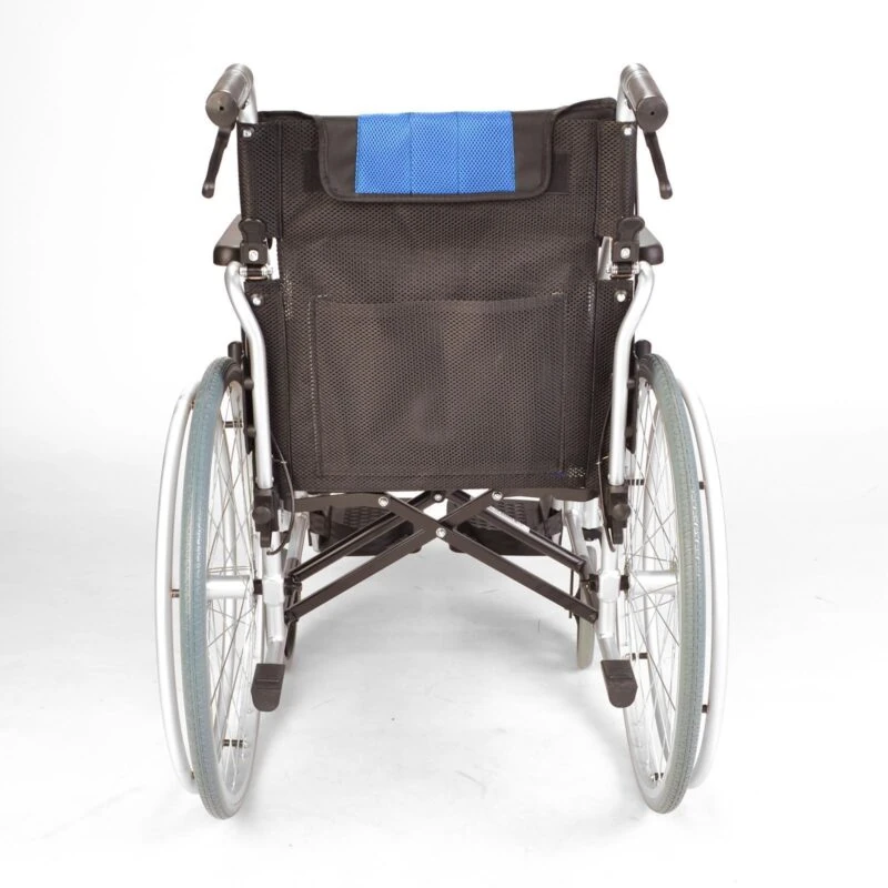 Rear view of a self-propelled folding wheelchair with hand brakes.