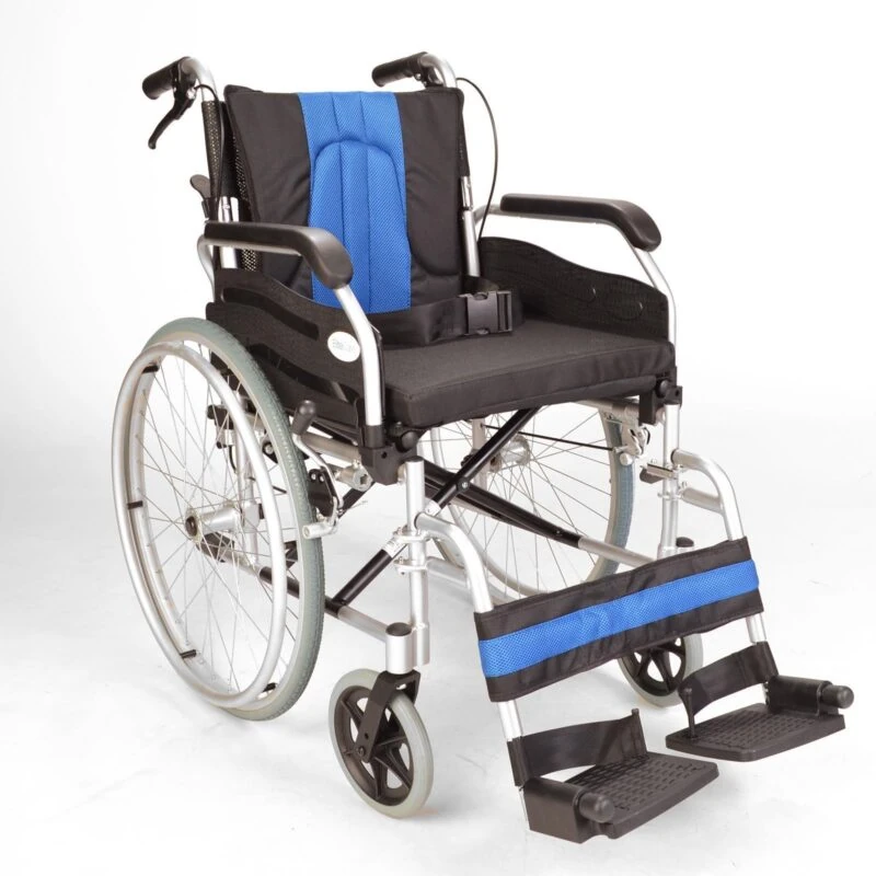 Self-propelled folding wheelchair with blue and black seat and hand brakes.