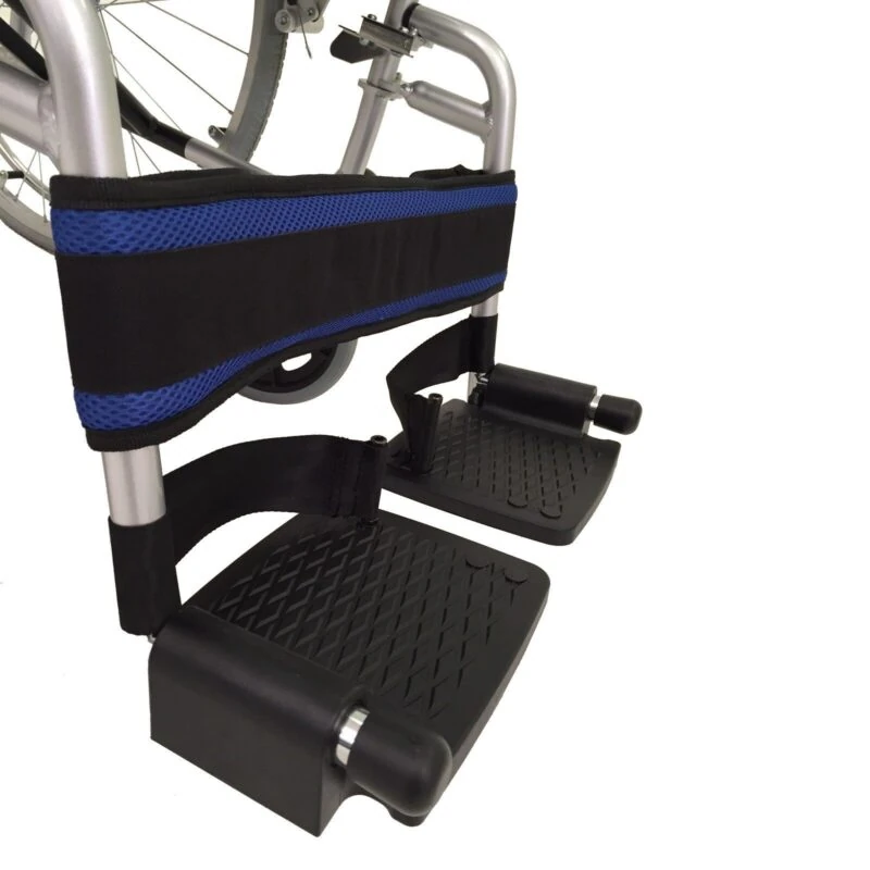 Close-up of wheelchair footrests with calf-support strap.