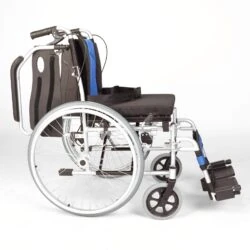Side view of a self-propelled folding wheelchair with hand brakes.