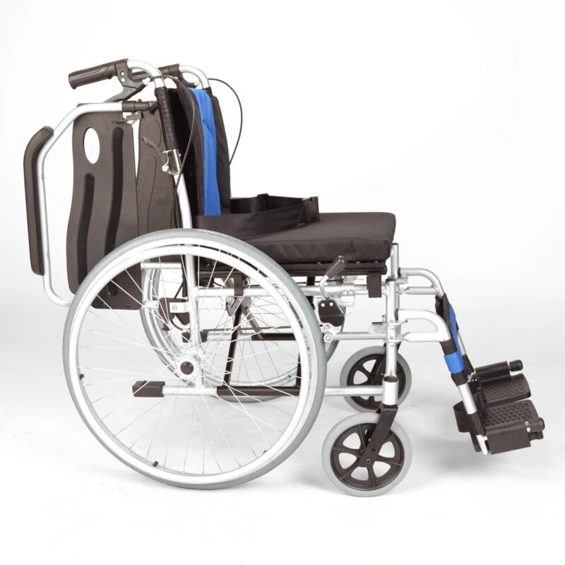 Side view of a self-propelled folding wheelchair with hand brakes.