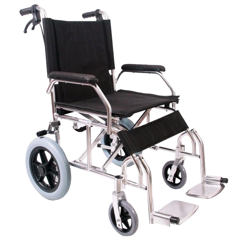 Lightweight travel wheelchair with aluminum frame and footrests.