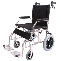 Compact transit wheelchair with aluminum frame and footrests.