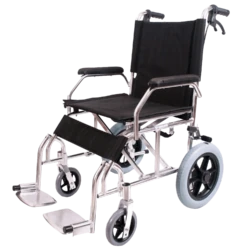 Compact transit wheelchair with aluminum frame and footrests.