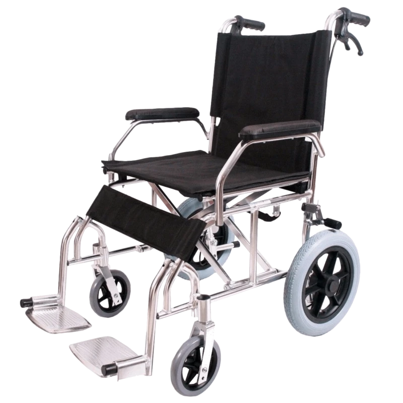 Compact transit wheelchair with aluminum frame and footrests.