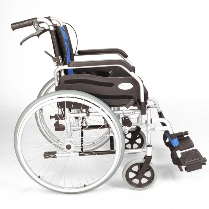 Side view of a self-propelled folding wheelchair with hand brakes.