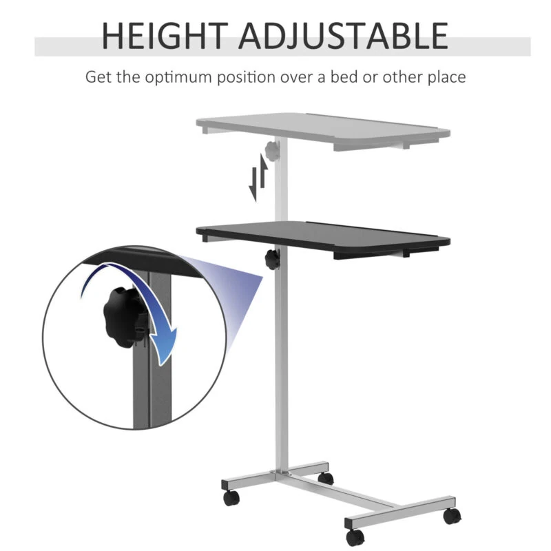 Height adjustable overbed table with wheels and locking mechanism.