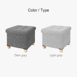 Two pouffe stools in dark gray and light gray with wooden legs.