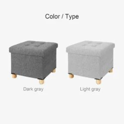 Two pouffe stools in dark gray and light gray with wooden legs.