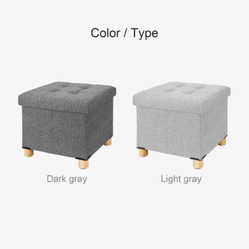 Two pouffe stools in dark gray and light gray with wooden legs.