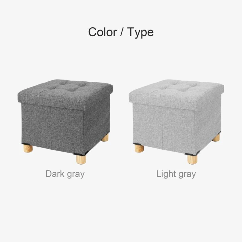 Two pouffe stools in dark gray and light gray with wooden legs.