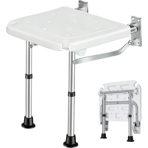 Wall Mounted Shower Chair with Height Adjustable Legs & Shower Head Slot | Flip Up Shower Seat - Image 3