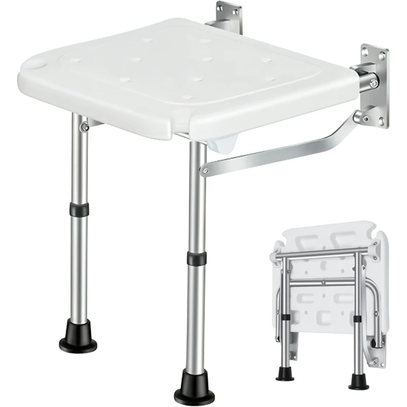 Wall Mounted Shower Chair with Height Adjustable Legs & Shower Head Slot | Flip Up Shower Seat - Image 3