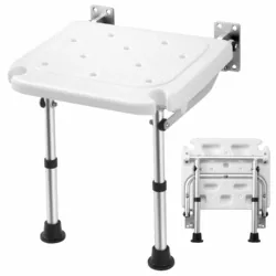 Wall Mounted Shower Chair with Height Adjustable Legs & Shower Head Slot | Flip Up Shower Seat