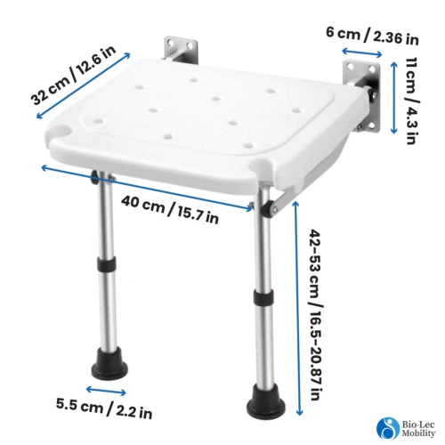 Wall Mounted Shower Chair with Height Adjustable Legs & Shower Head Slot | Flip Up Shower Seat - Image 2