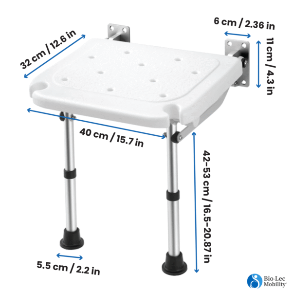 Wall Mounted Shower Chair with Height Adjustable Legs & Shower Head Slot | Flip Up Shower Seat - Image 2