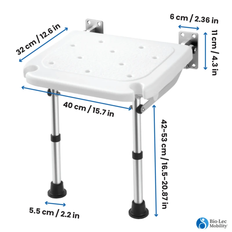 Wall Mounted Shower Chair with Height Adjustable Legs & Shower Head Slot | Flip Up Shower Seat - Image 2