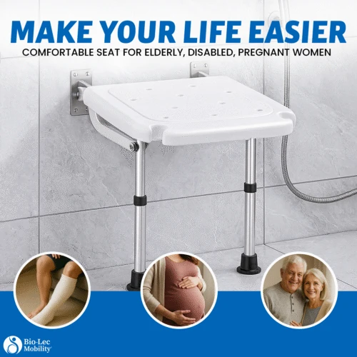 Wall Mounted Shower Chair with Height Adjustable Legs & Shower Head Slot | Flip Up Shower Seat - Image 12