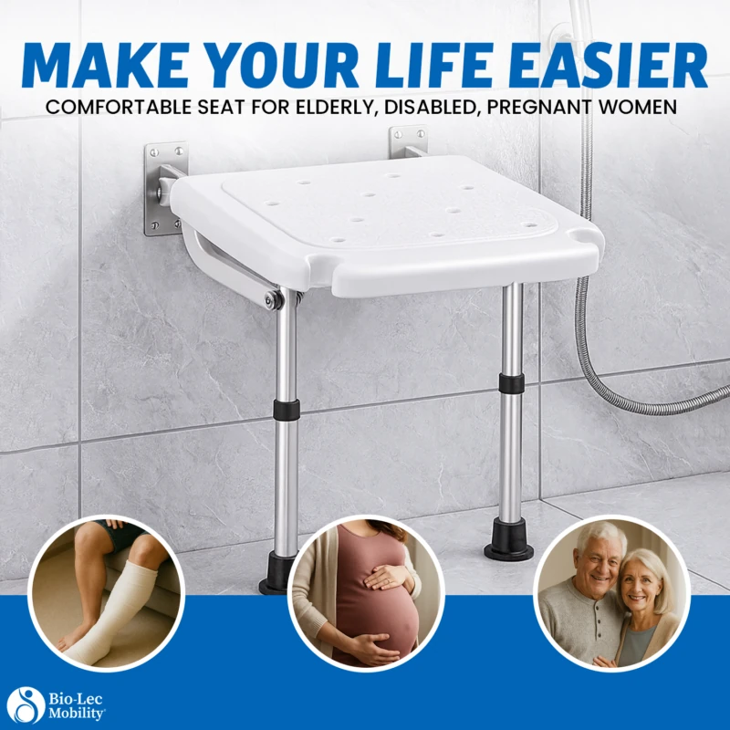 Wall Mounted Shower Chair with Height Adjustable Legs & Shower Head Slot | Flip Up Shower Seat - Image 12