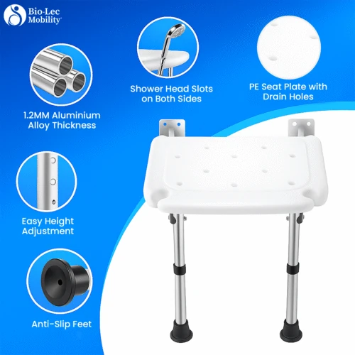 Wall Mounted Shower Chair with Height Adjustable Legs & Shower Head Slot | Flip Up Shower Seat - Image 11