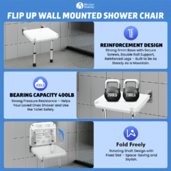 Wall Mounted Shower Chair with Height Adjustable Legs & Shower Head Slot | Flip Up Shower Seat - Image 10