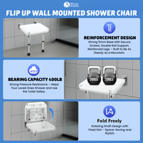 Wall Mounted Shower Chair with Height Adjustable Legs & Shower Head Slot | Flip Up Shower Seat - Image 10