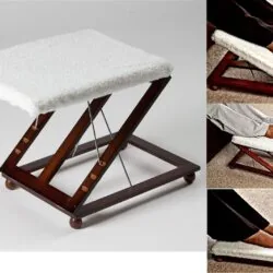 Wooden foot stool with white padded cover and mahogany finish.