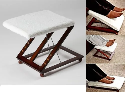 Wooden foot stool with white padded cover and mahogany finish.